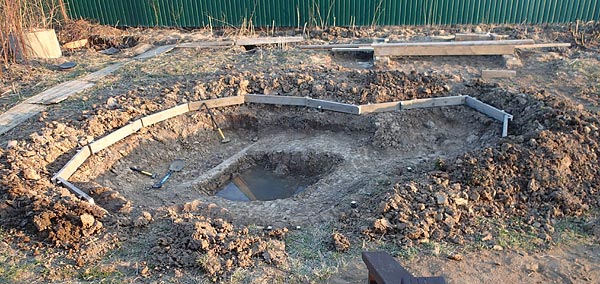 Кромка
      берега пруда укреплена досками 50x150мм